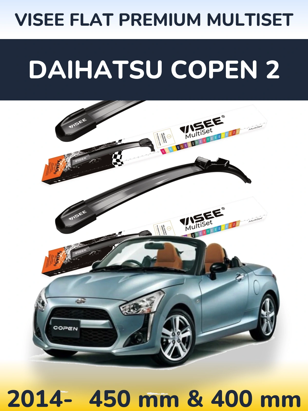 Комплект передних дворников VISEE FLAT PREMIUM MultiSet 450 & 400 мм для Daihatsu Copen 2 2014-2026