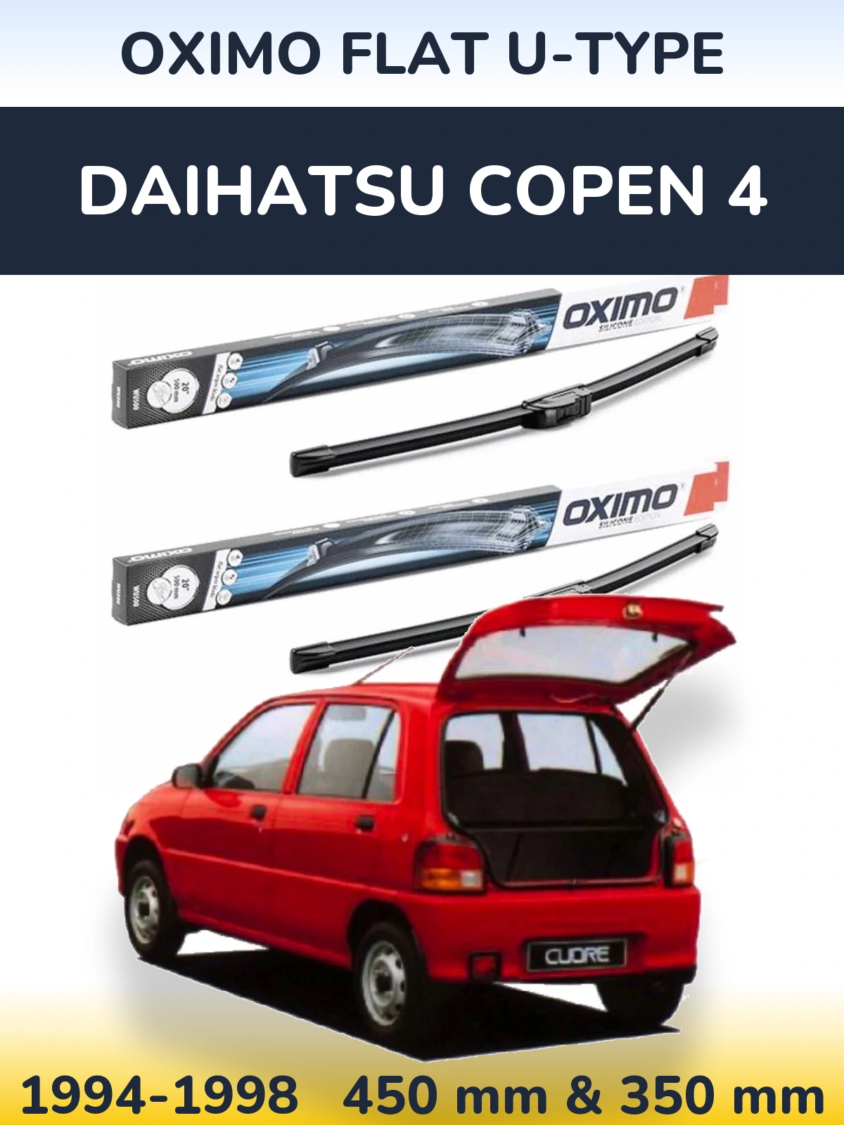 Front wiper blade set Oximo Flat U-type 450 & 350 mm for Daihatsu Copen 4 1994-1998