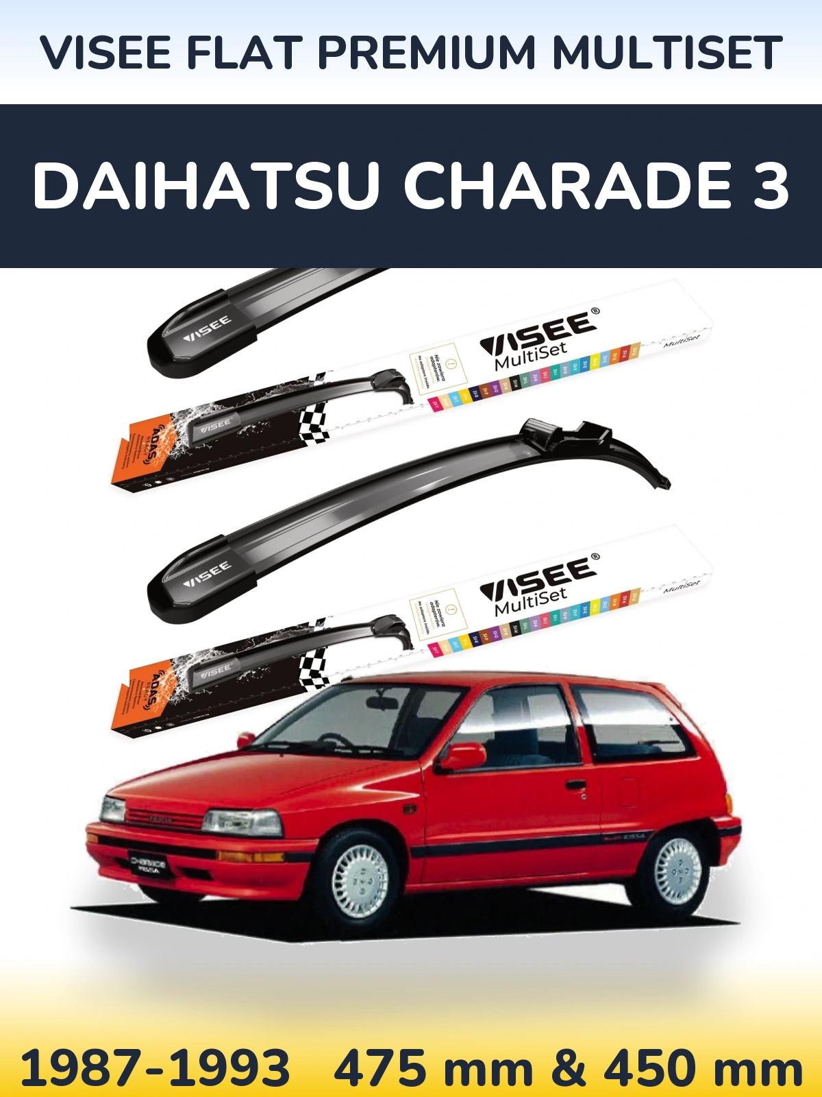 Komplet przednich wycieraczek VISEE FLAT PREMIUM MultiSet 475 & 450 mm do Daihatsu Charade 3 1987-1993
