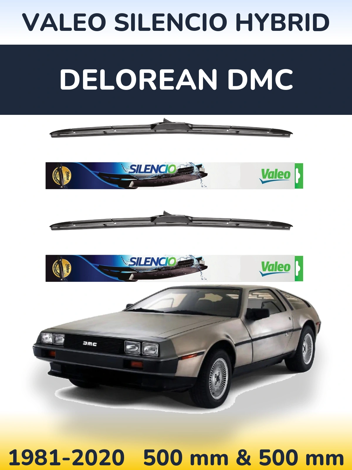 Komplet przednich wycieraczek Valeo Silencio Hybrid 500 & 500 mm do DeLorean DMC 1981-2020