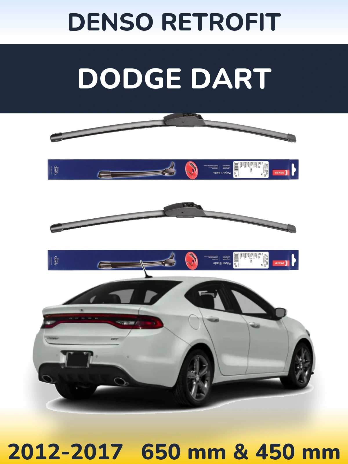 Front wiper blade set Denso Retrofit 650 & 450 mm for Dodge Dart 2012-2017