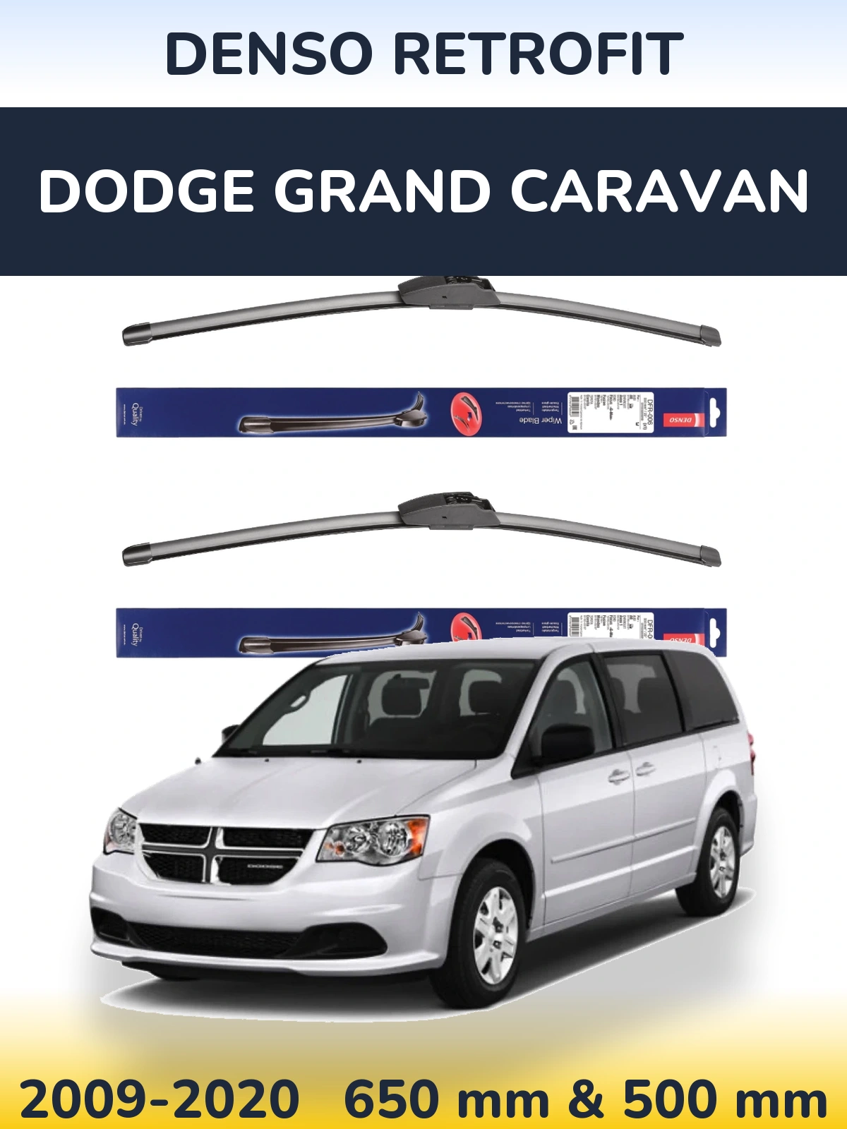 Front wiper blade set Denso Retrofit 650 & 500 mm for Dodge Grand Caravan 2009-2020