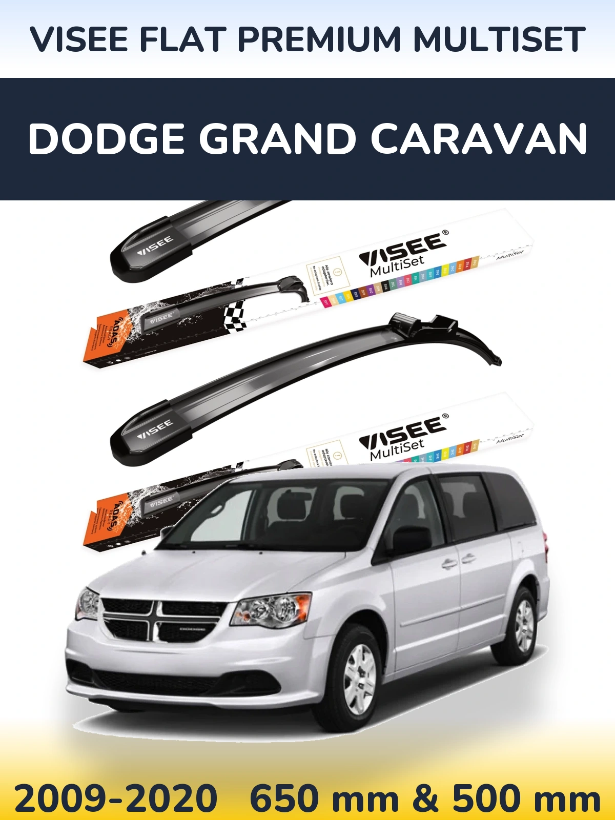 Komplet przednich wycieraczek VISEE FLAT PREMIUM MultiSet 650 & 500 mm do Dodge Grand Caravan 2009-2020