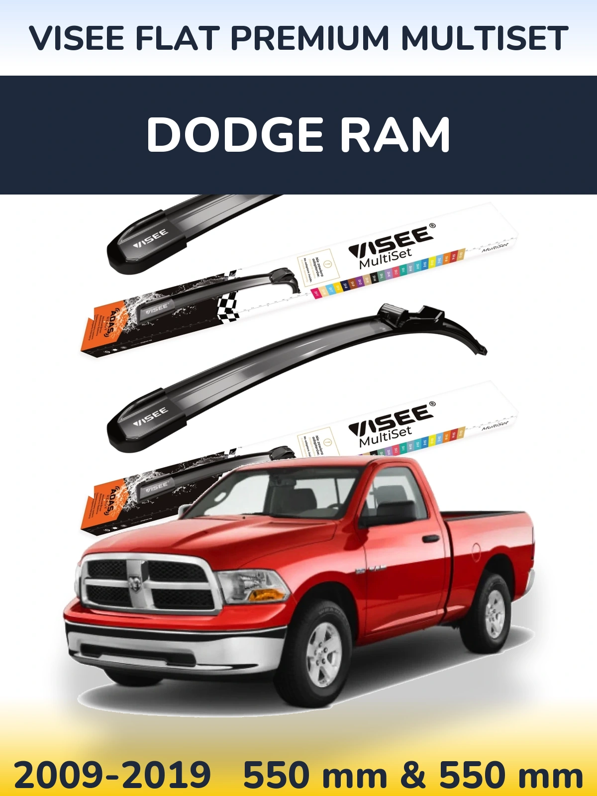 Комплект передних дворников VISEE FLAT PREMIUM MultiSet 550 & 550 мм для Dodge RAM 2009-2019