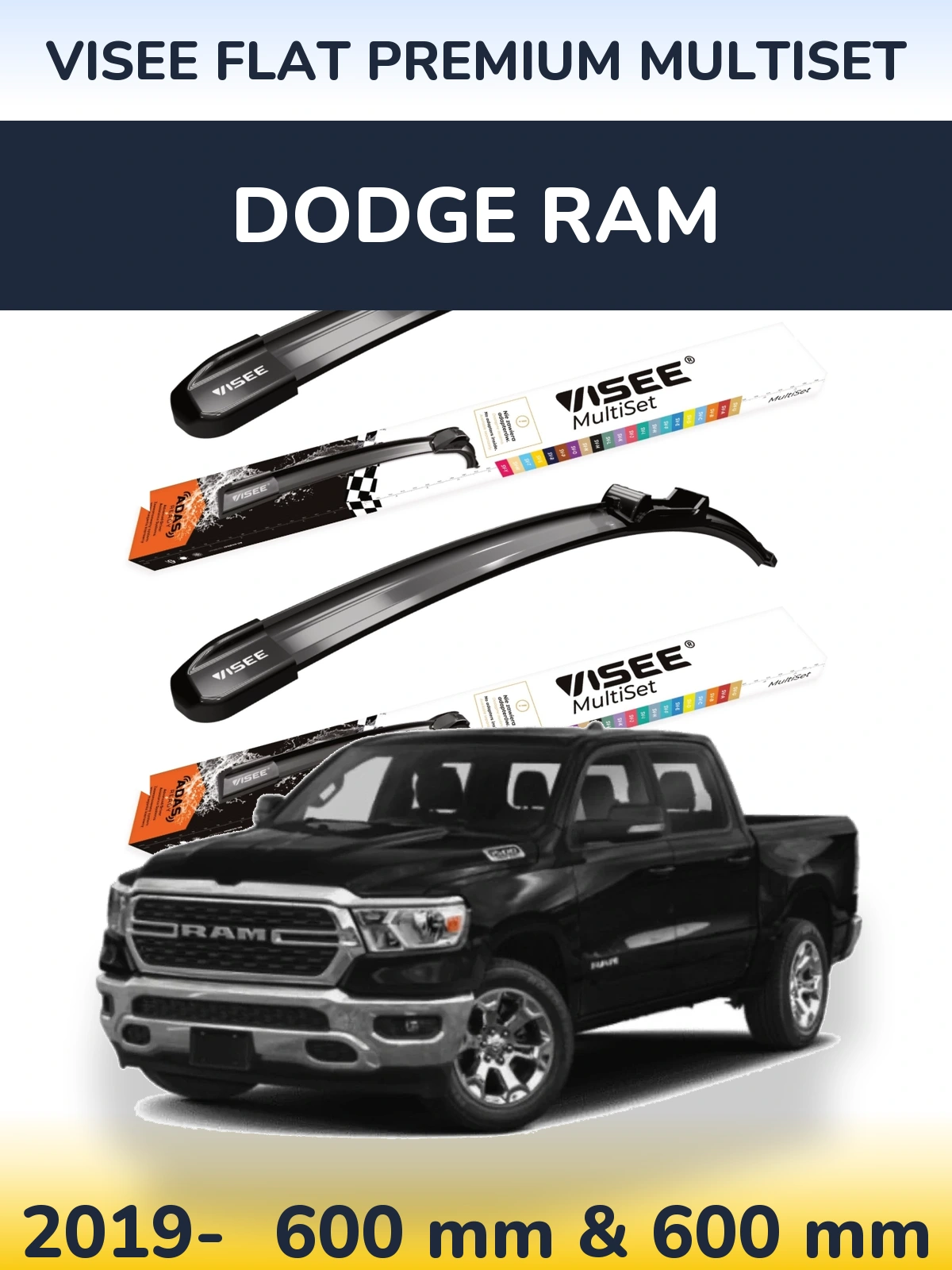 Комплект передних дворников VISEE FLAT PREMIUM MultiSet 600 & 600 мм для Dodge RAM 2019-2026