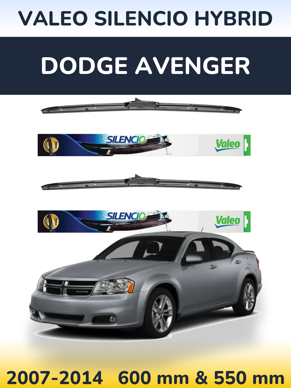 Front wiper blade set Valeo Silencio Hybrid 600 & 550 mm for Dodge Avenger 2007-2014