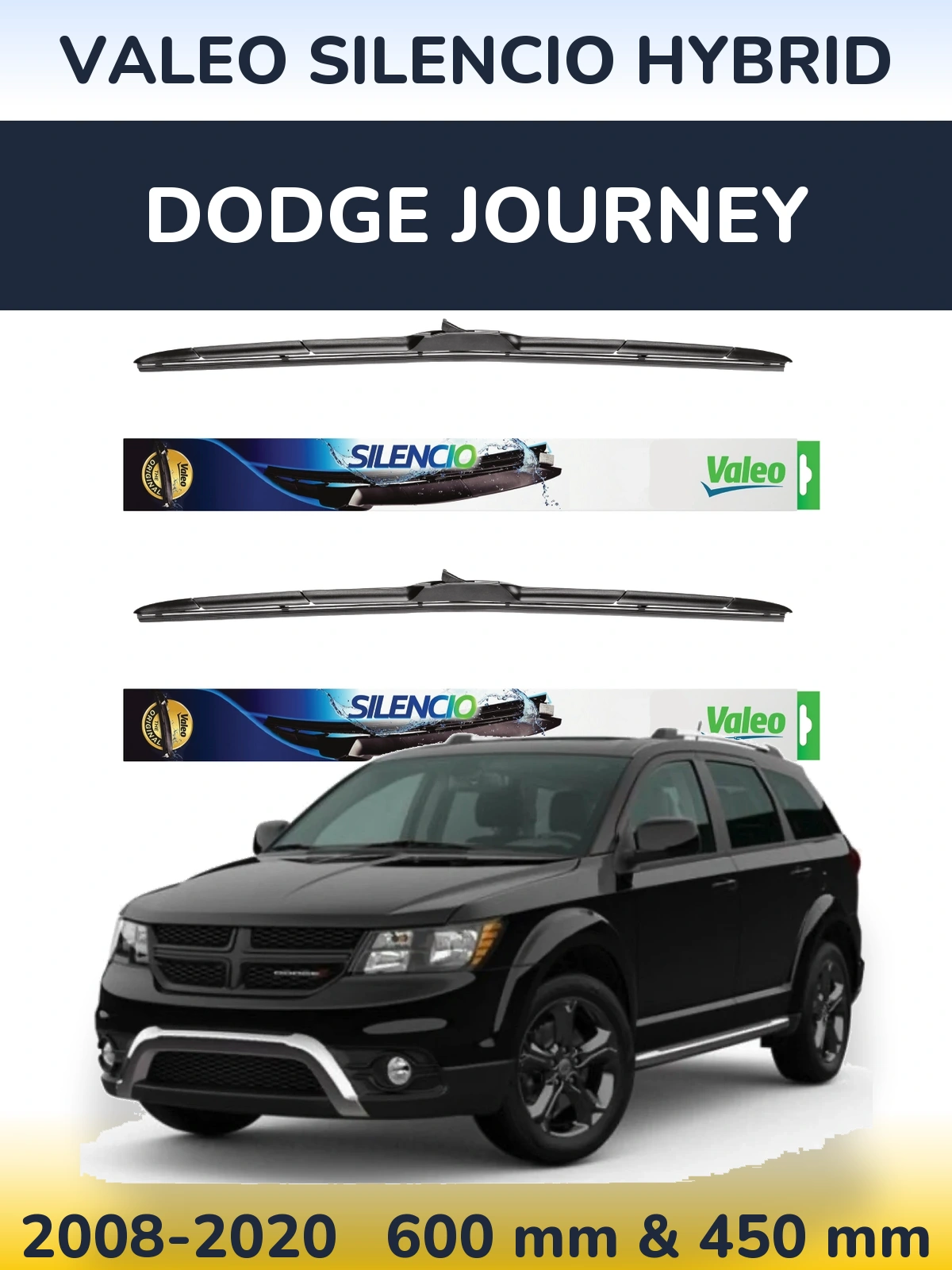 Front wiper blade set Valeo Silencio Hybrid 600 & 450 mm for Dodge Journey 2008-2020