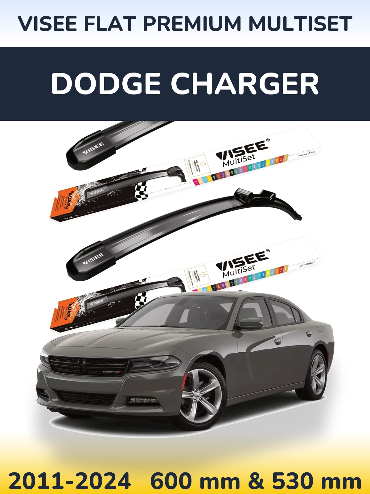 Комплект передних дворников VISEE FLAT PREMIUM MultiSet 600 & 530 мм для Dodge Charger 2011-2024