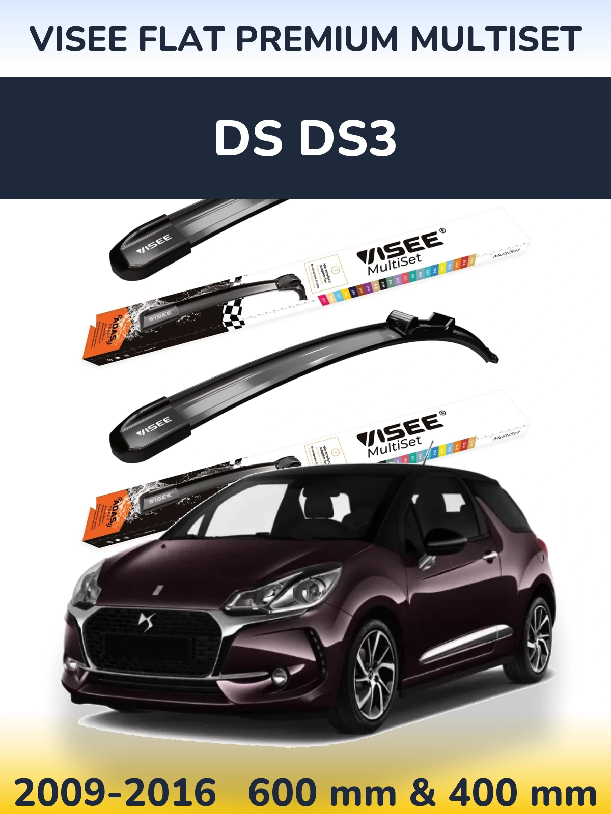 Komplet przednich wycieraczek VISEE FLAT PREMIUM MultiSet 600 & 400 mm do DS DS3 2009-2016