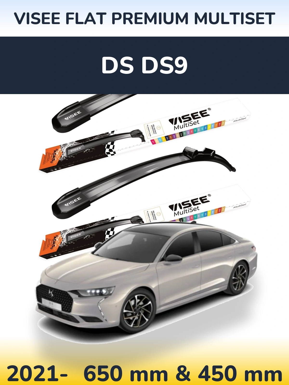 Front wiper blade set VISEE FLAT PREMIUM MultiSet 650 & 450 mm for DS DS9 2021-2026