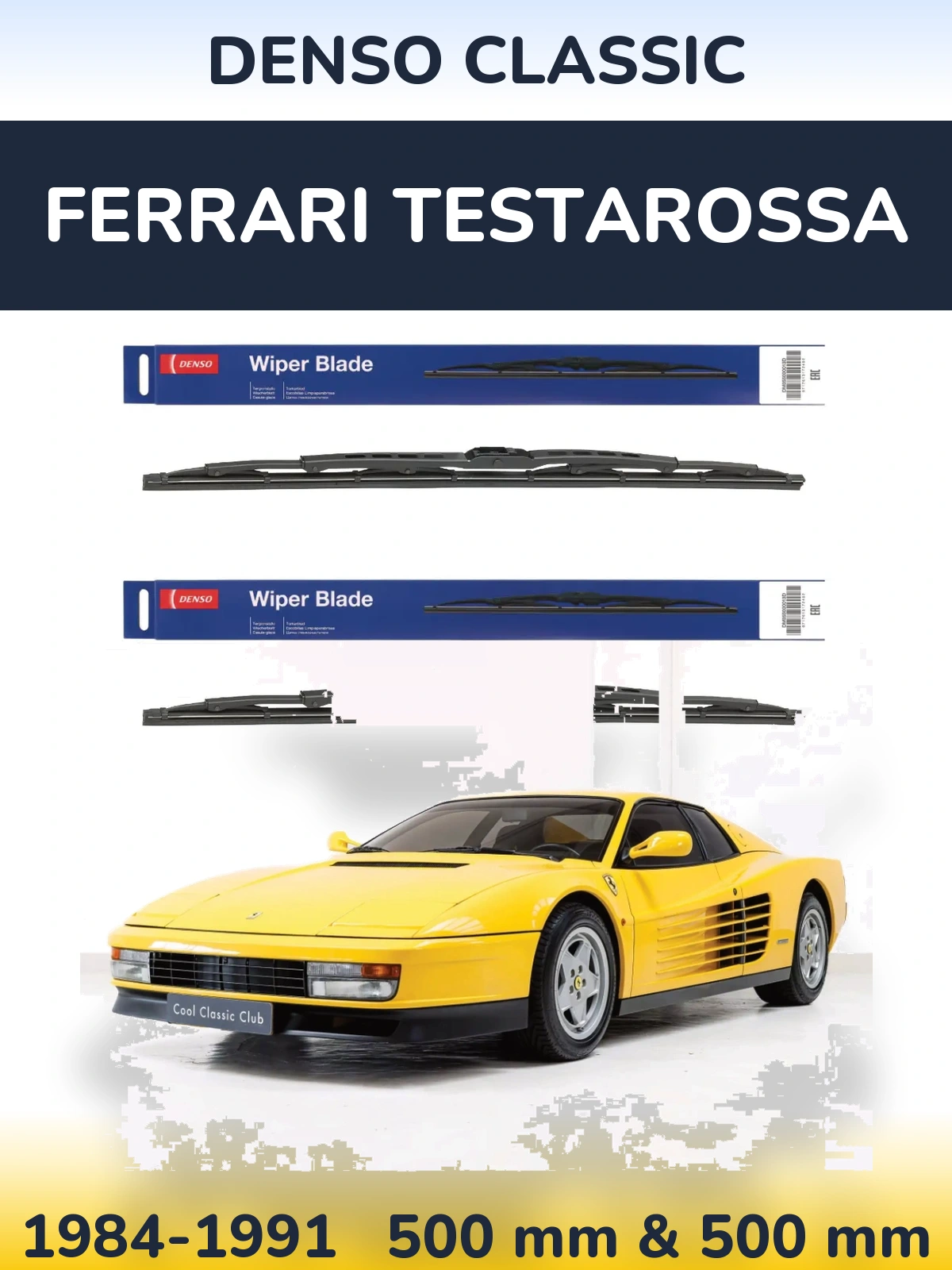 Front wiper blade set Denso Classic 500 & 500 mm for Ferrari Testarossa 1984-1991