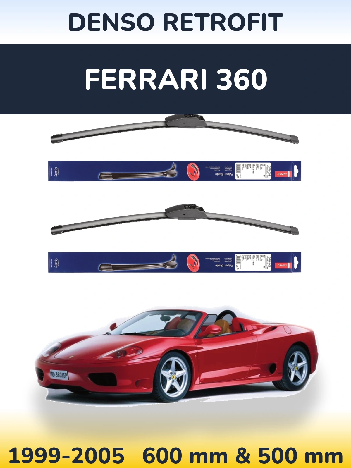 Front wiper blade set Denso Retrofit 600 & 500 mm for Ferrari 360 1999-2005