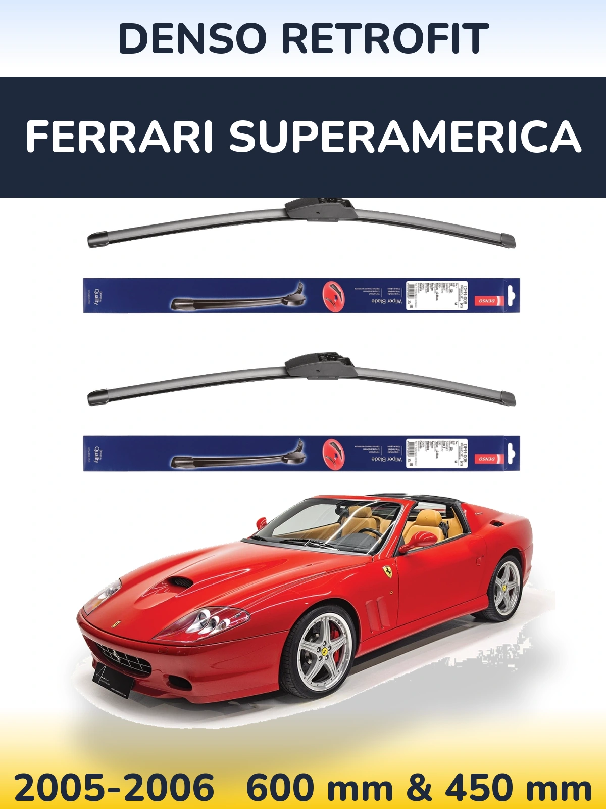 Komplet przednich wycieraczek Denso Retrofit 600 & 450 mm do Ferrari Superamerica 2005-2006