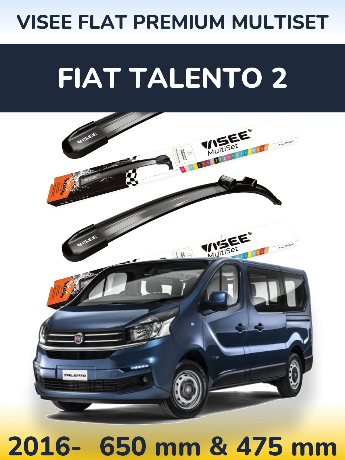 Front wiper blade set VISEE FLAT PREMIUM MultiSet 650 & 475 mm for Fiat Talento 2 2016-2026
