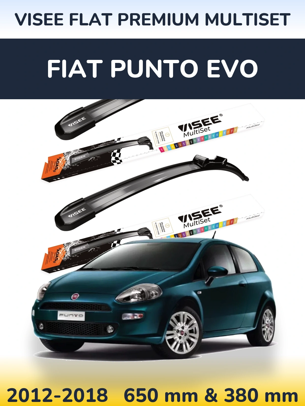 Front wiper blade set VISEE FLAT PREMIUM MultiSet 650 & 380 mm for Fiat Punto Evo 2012-2018