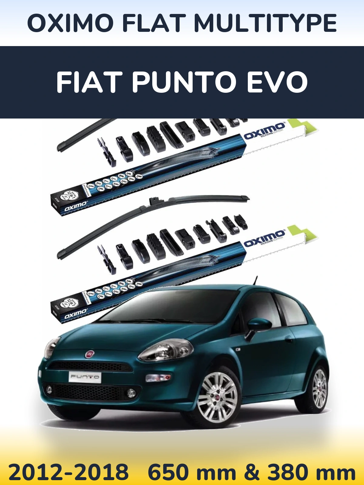 Front wiper blade set Oximo Flat MultiTypee 650 & 380 mm for Fiat Punto Evo 2012-2018