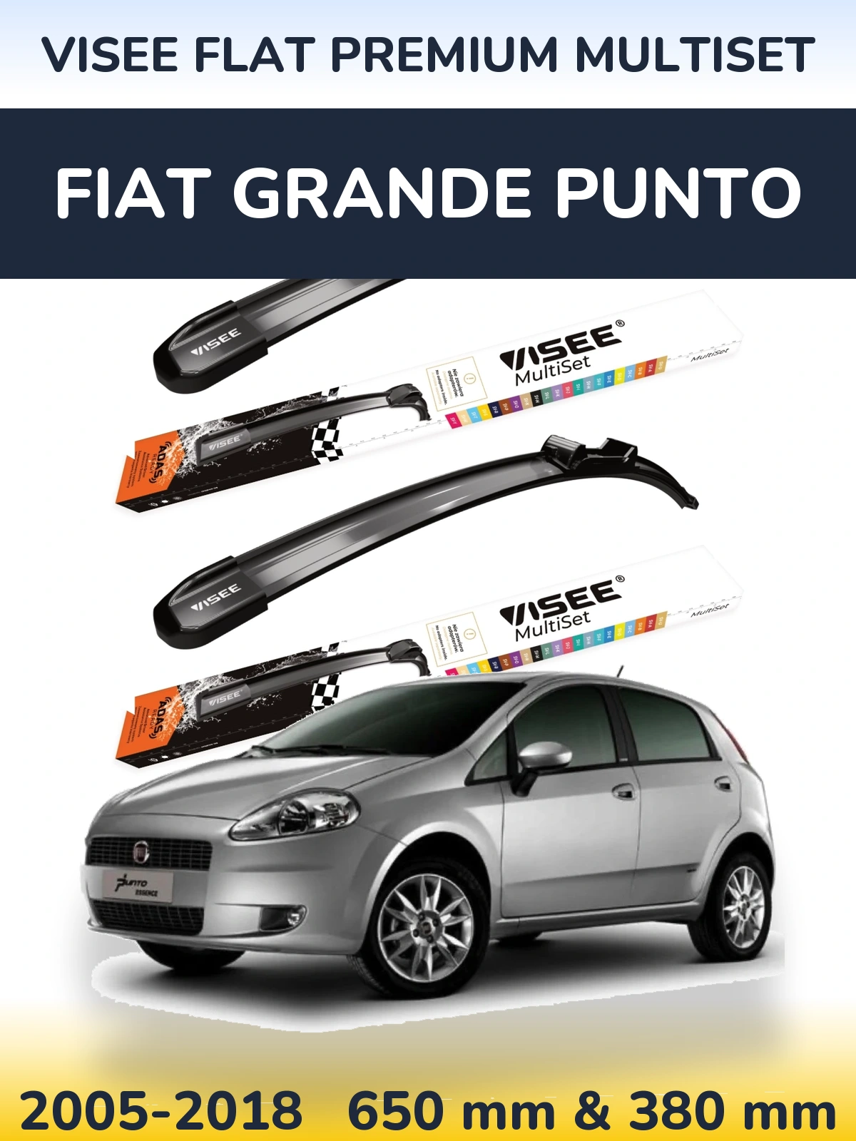 Комплект передних дворников VISEE FLAT PREMIUM MultiSet 650 & 380 мм для Fiat Grande Punto 2005-2018