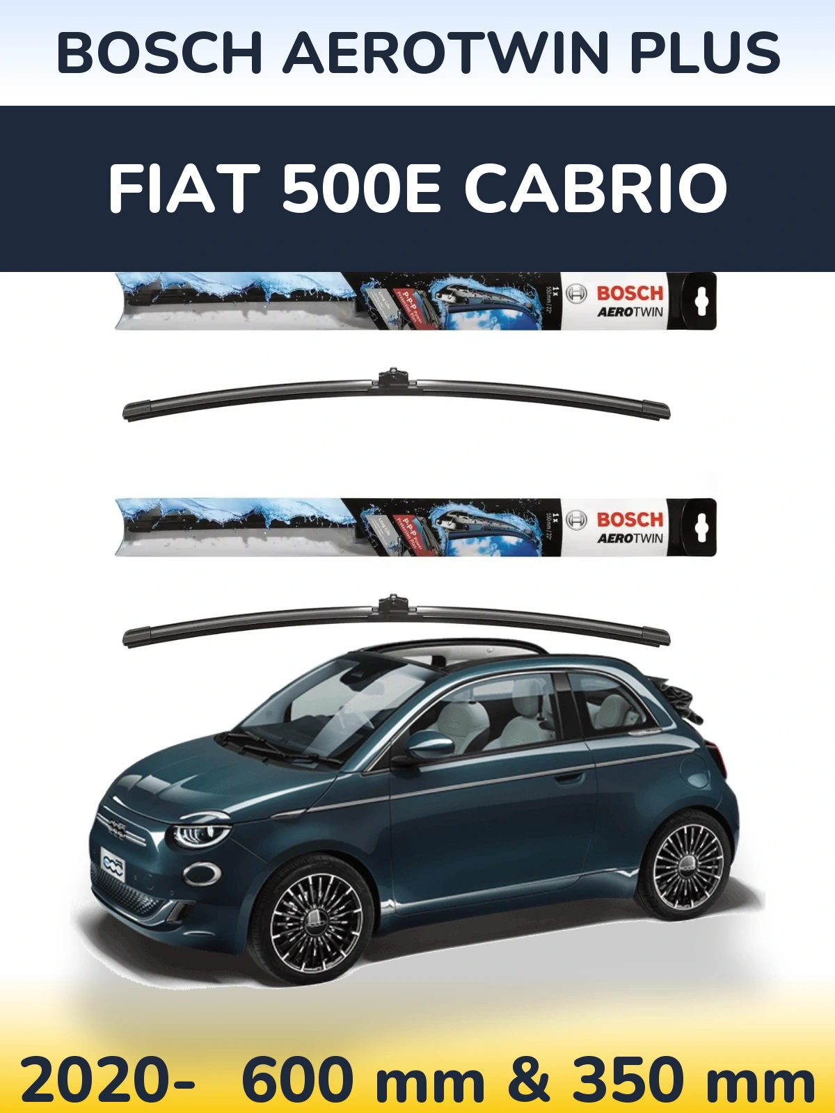 Комплект передніх щіток BOSCH AeroTwin Plus 600 & 350 мм для Fiat 500e Cabrio 2020-2026