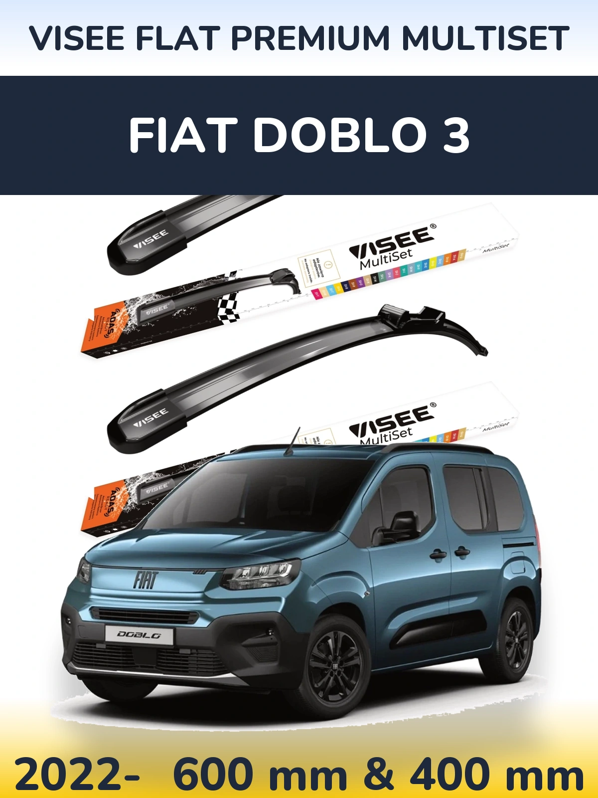 Комплект передних дворников VISEE FLAT PREMIUM MultiSet 600 & 400 мм для Fiat Doblo 3 2022-2026