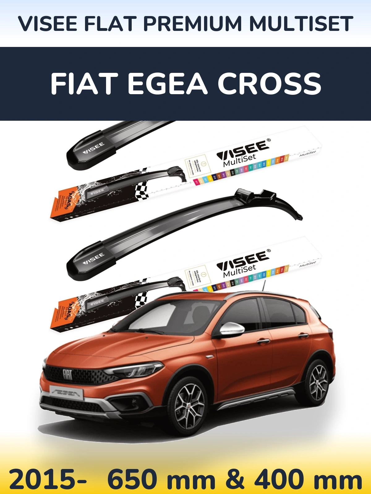 Комплект передніх щіток VISEE FLAT PREMIUM MultiSet 650 & 400 мм для Fiat Egea Cross 2015-2026