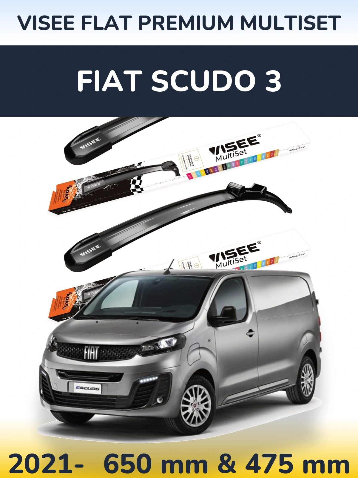 Комплект передніх щіток VISEE FLAT PREMIUM MultiSet 650 & 475 мм для Fiat Scudo 3 2021-2026