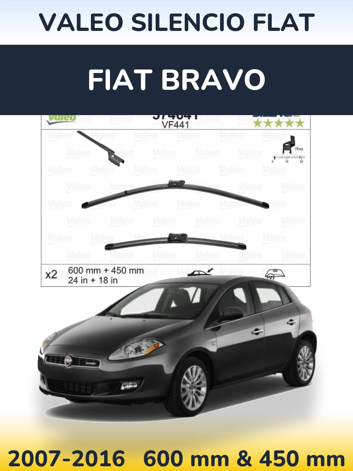 Front wiper blade set Valeo Silencio Flat 600 & 450 mm for Fiat Bravo 2007-2016