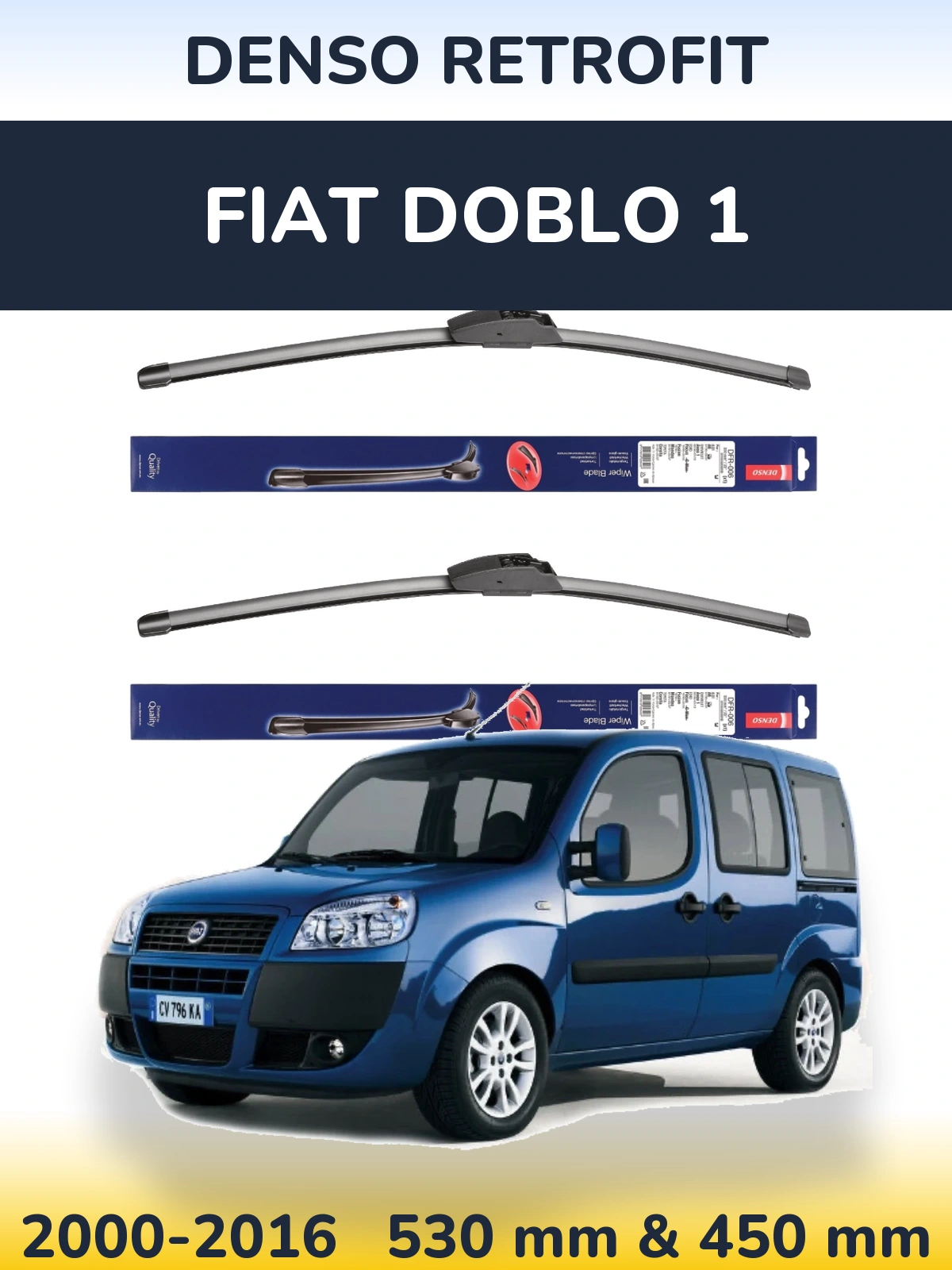 Front wiper blade set Denso Retrofit 530 & 450 mm for Fiat Doblo 1 2000-2016