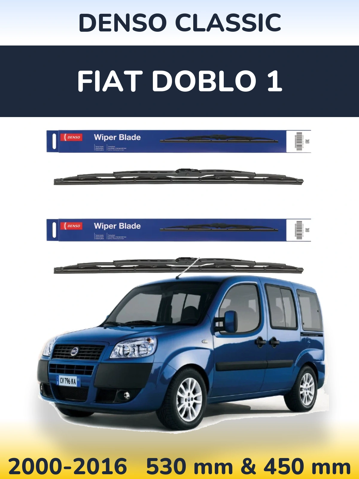 Front wiper blade set Denso Classic 530 & 450 mm for Fiat Doblo 1 2000-2016