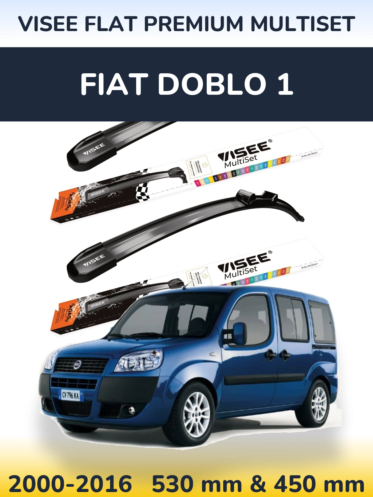 Komplet przednich wycieraczek VISEE FLAT PREMIUM MultiSet 530 & 450 mm do Fiat Doblo 1 2000-2016