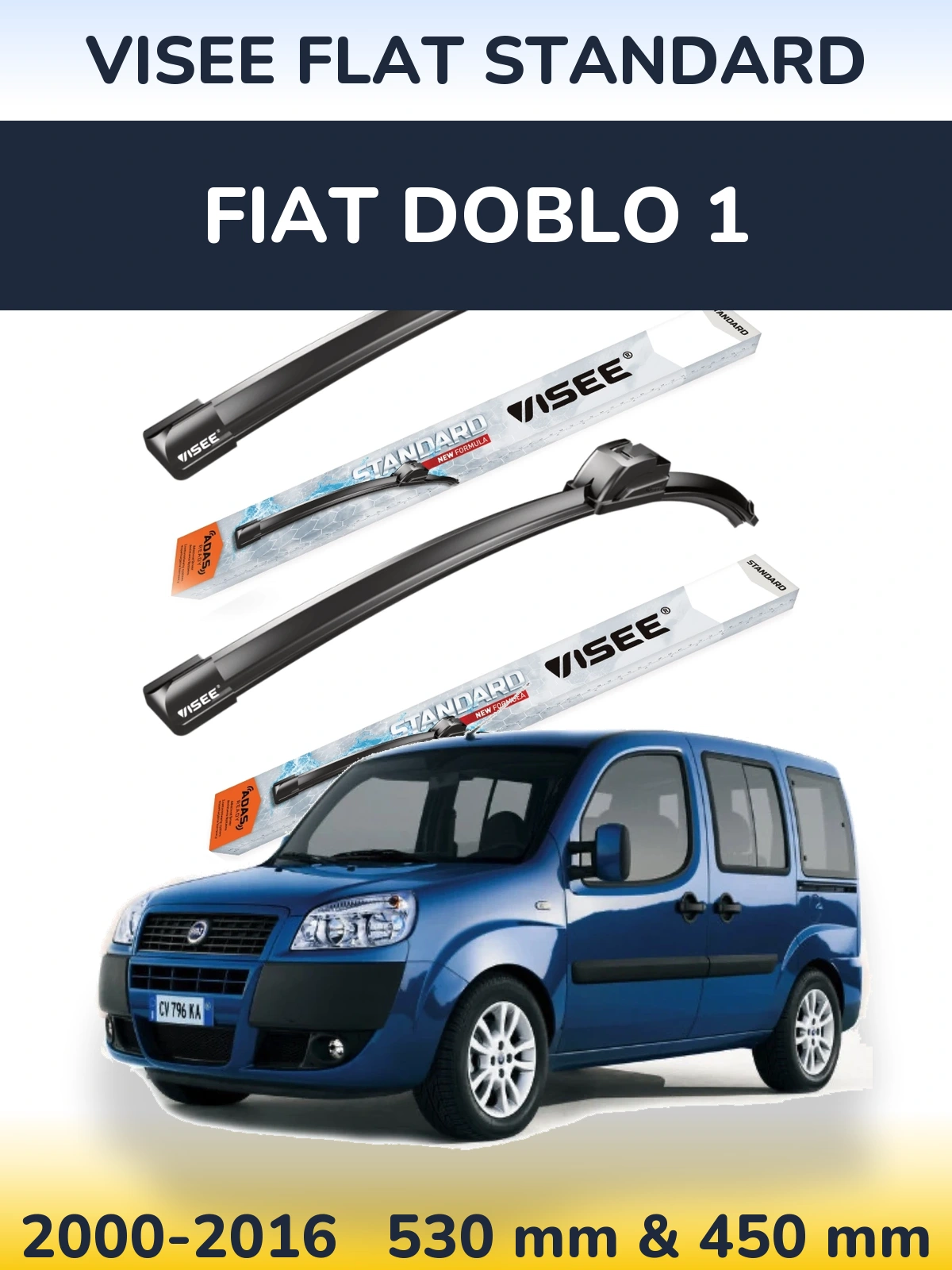Front wiper blade set VISEE FLAT STANDARD 530 & 450 mm for Fiat Doblo 1 2000-2016