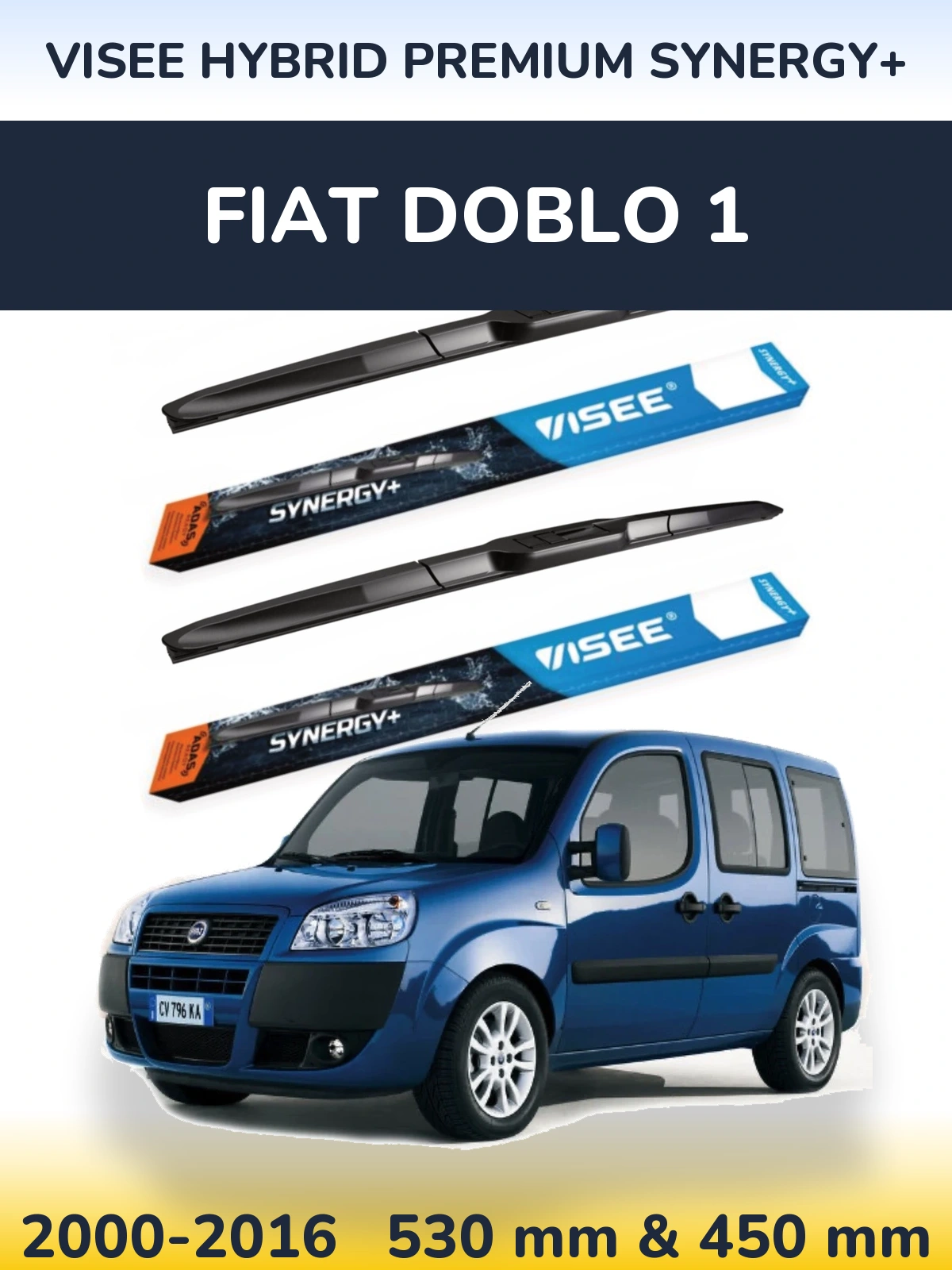 Front wiper blade set VISEE HYBRID PREMIUM SYNERGY+ 530 & 450 mm for Fiat Doblo 1 2000-2016