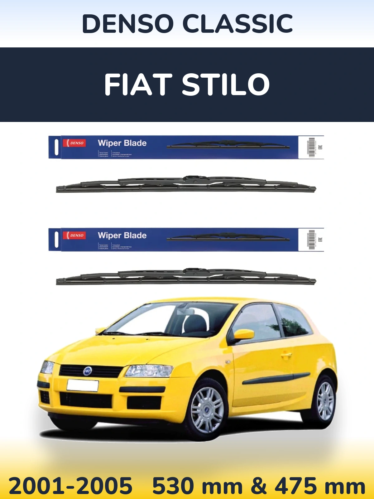 Front wiper blade set Denso Classic 530 & 475 mm for Fiat Stilo 2001-2005