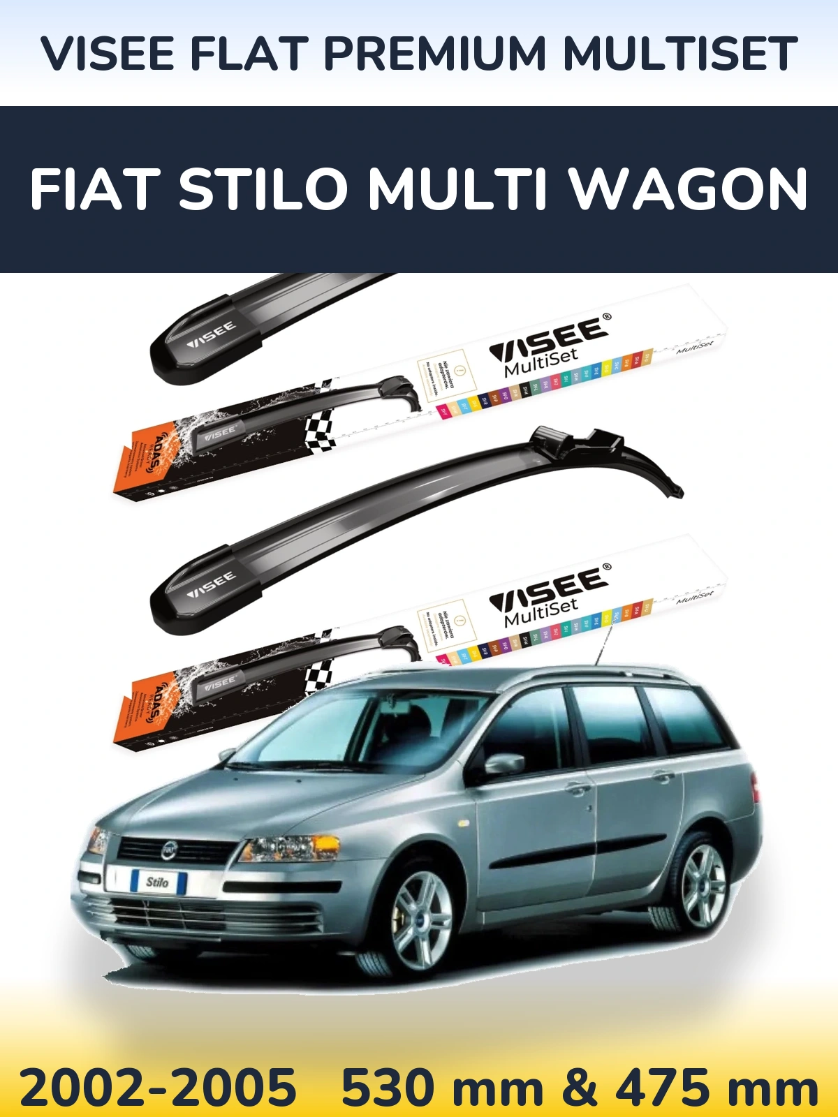 Komplet przednich wycieraczek VISEE FLAT PREMIUM MultiSet 530 & 475 mm do Fiat Stilo Multi Wagon 2002-2005
