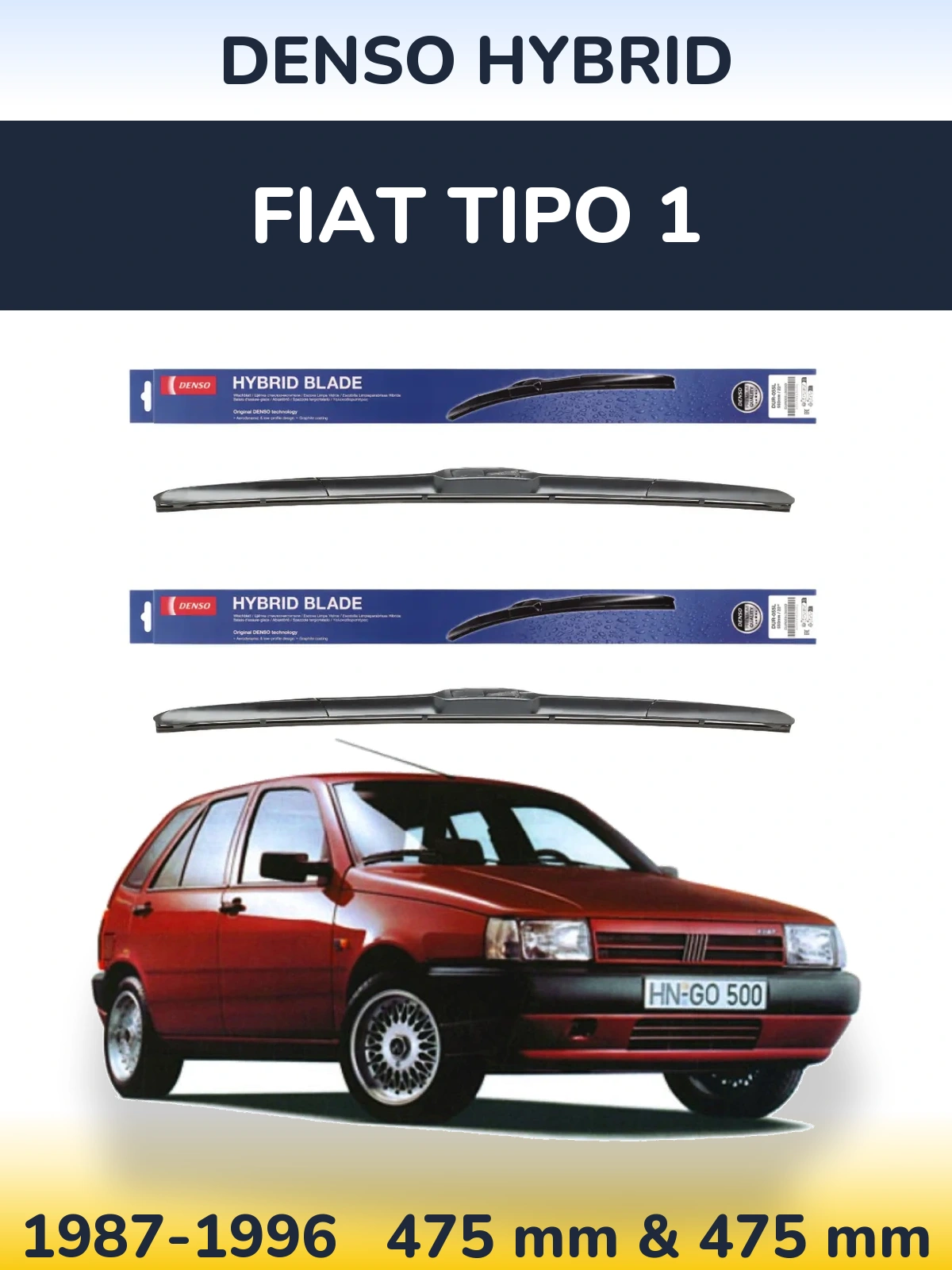 Front wiper blade set Denso Hybrid 475 & 475 mm for Fiat Tipo 1 1987-1996