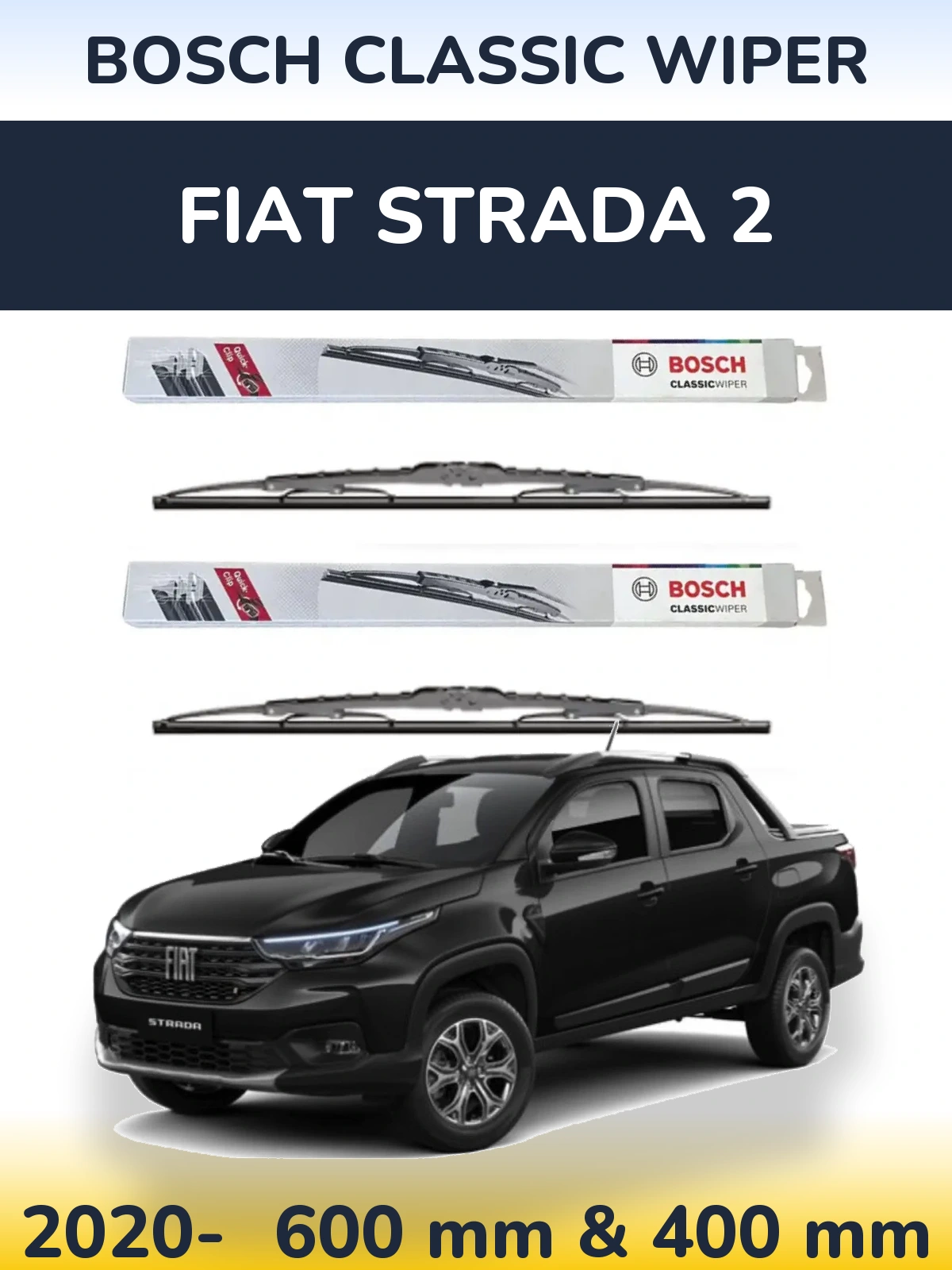 Front wiper blade set BOSCH Classic Wiper 600 & 400 mm for Fiat Strada 2 2020-2026