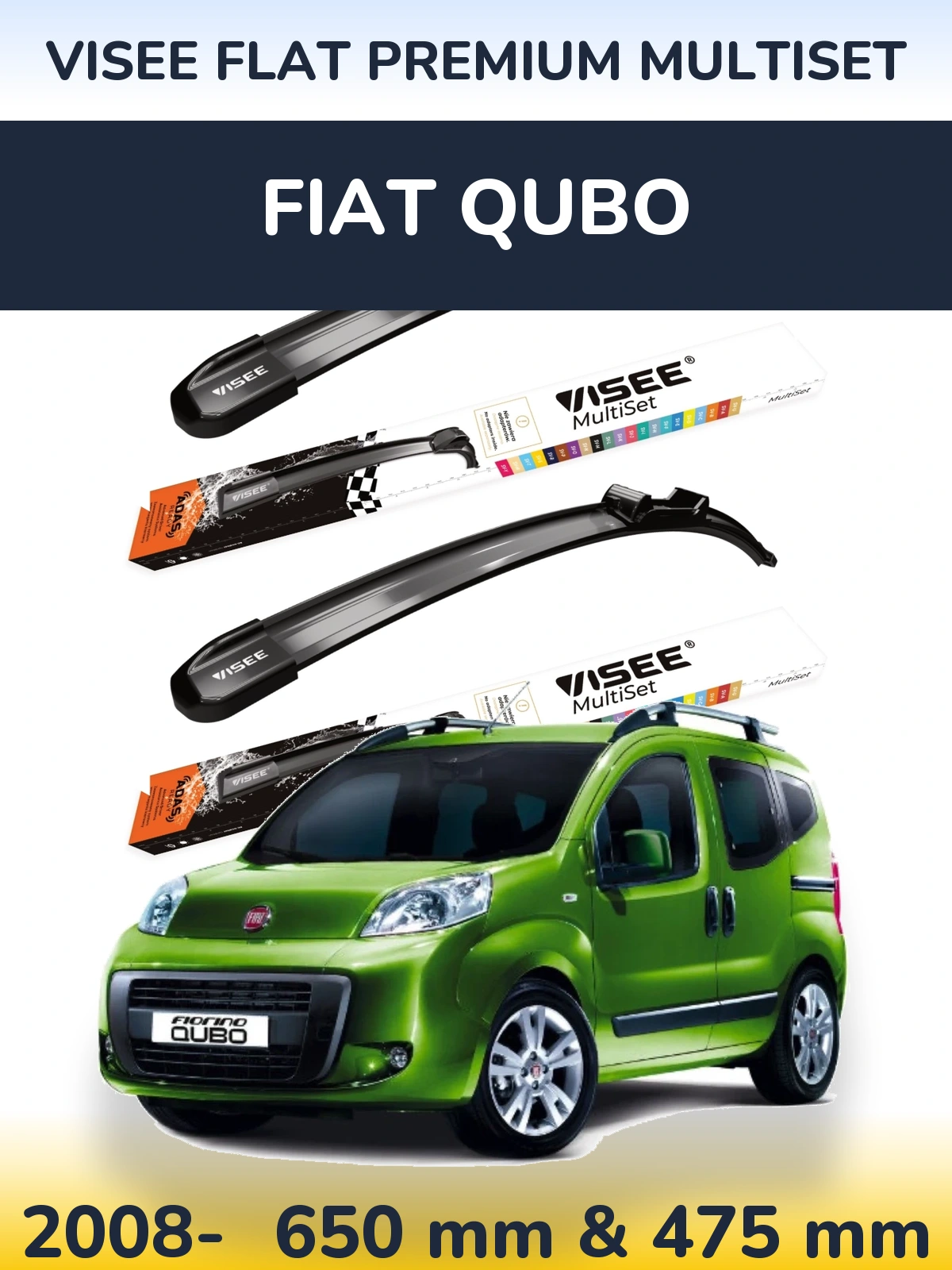 Komplet przednich wycieraczek VISEE FLAT PREMIUM MultiSet 650 & 475 mm do Fiat Qubo 2008-2026