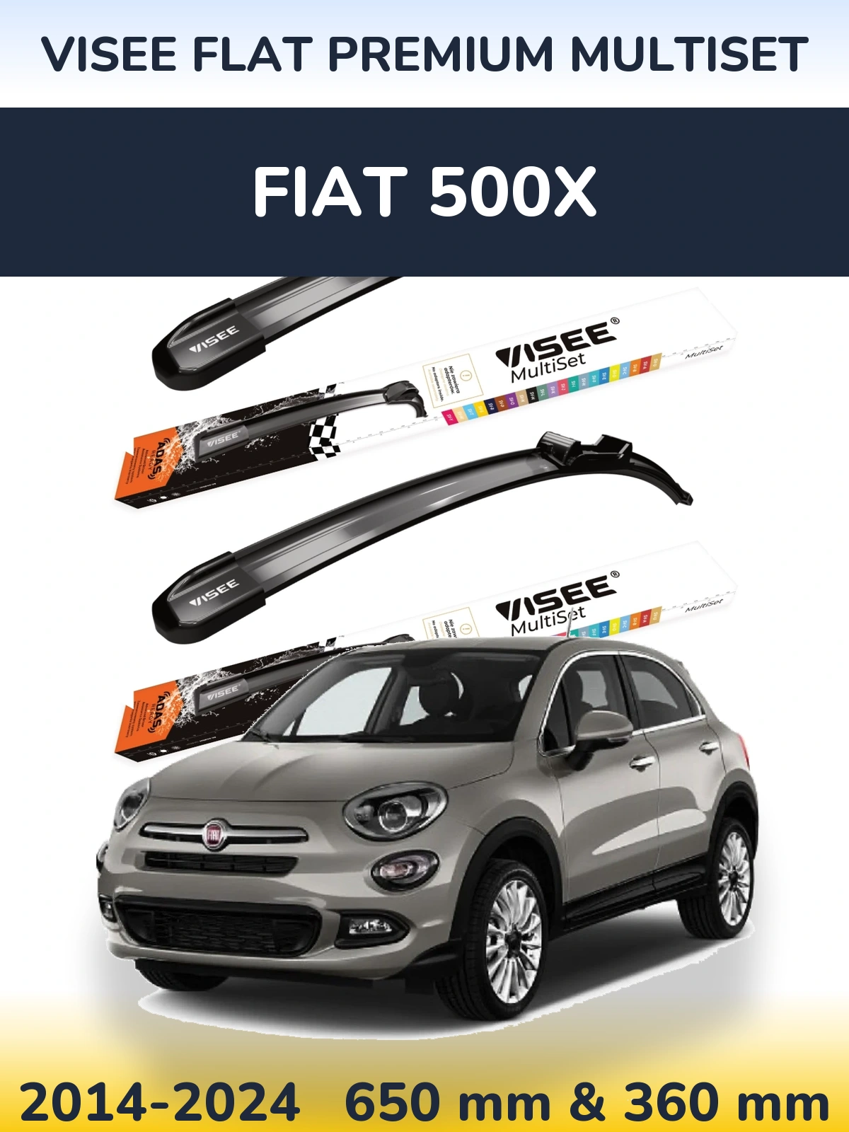 Komplet przednich wycieraczek VISEE FLAT PREMIUM MultiSet 650 & 350 mm do Fiat 500X 2014-2024