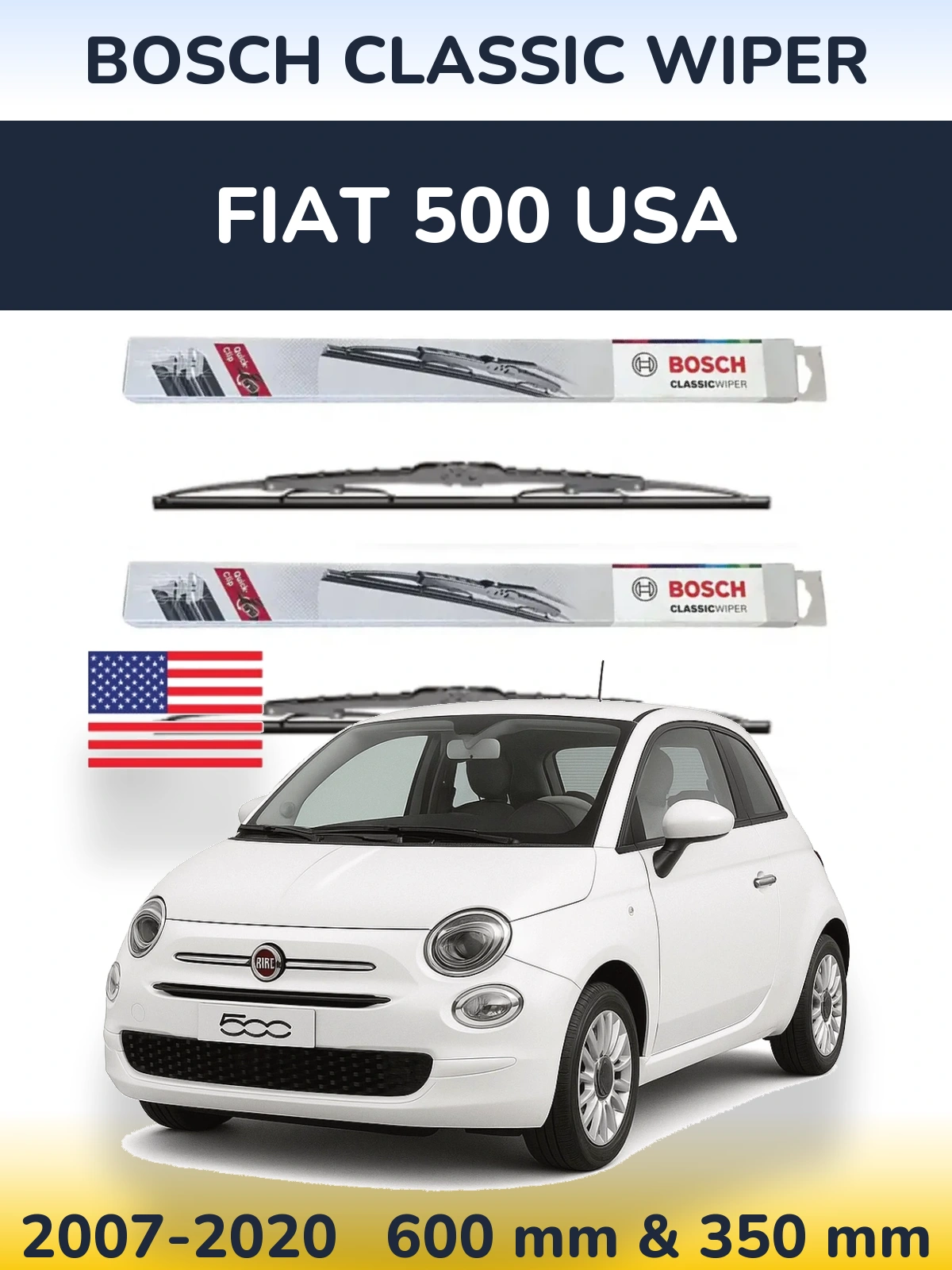 Komplet przednich wycieraczek BOSCH Classic Wiper 600 & 340 mm do Fiat 500 USA 2007-2020