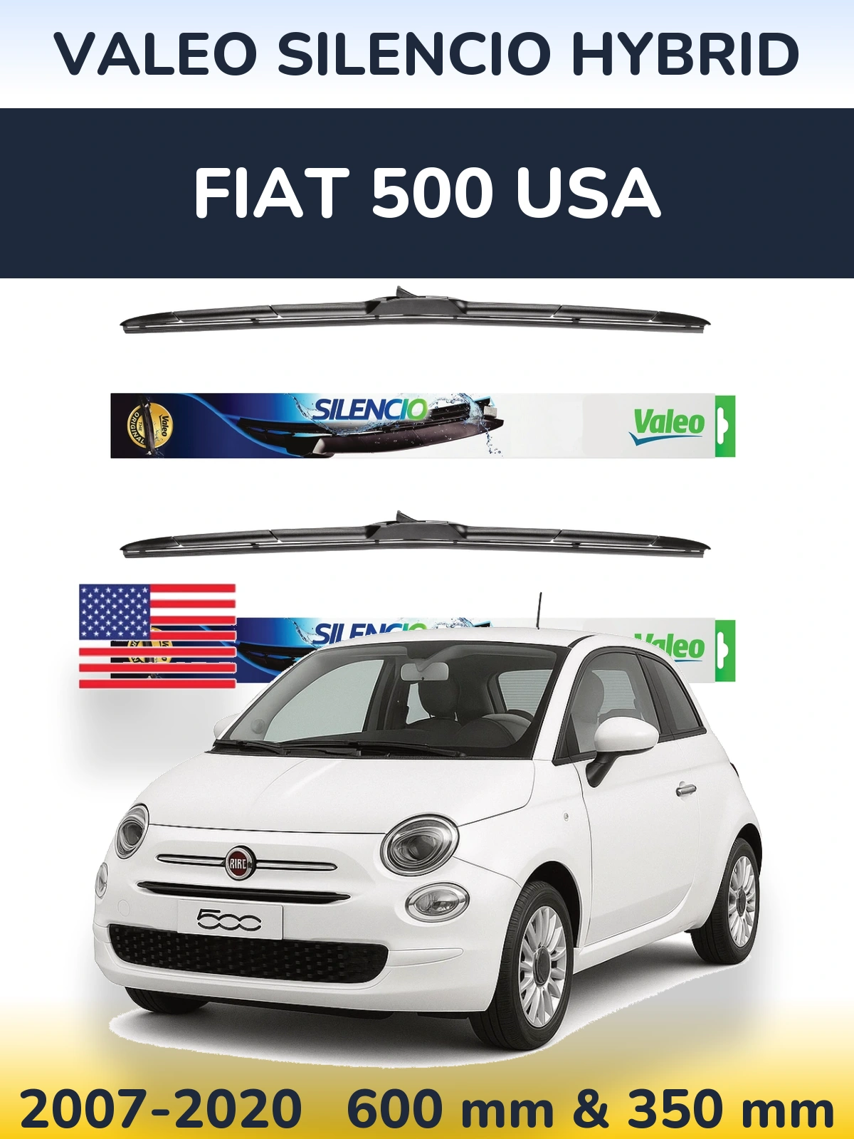 Komplet przednich wycieraczek Valeo Silencio Hybrid 600 & 350 mm do Fiat 500 USA 2007-2020