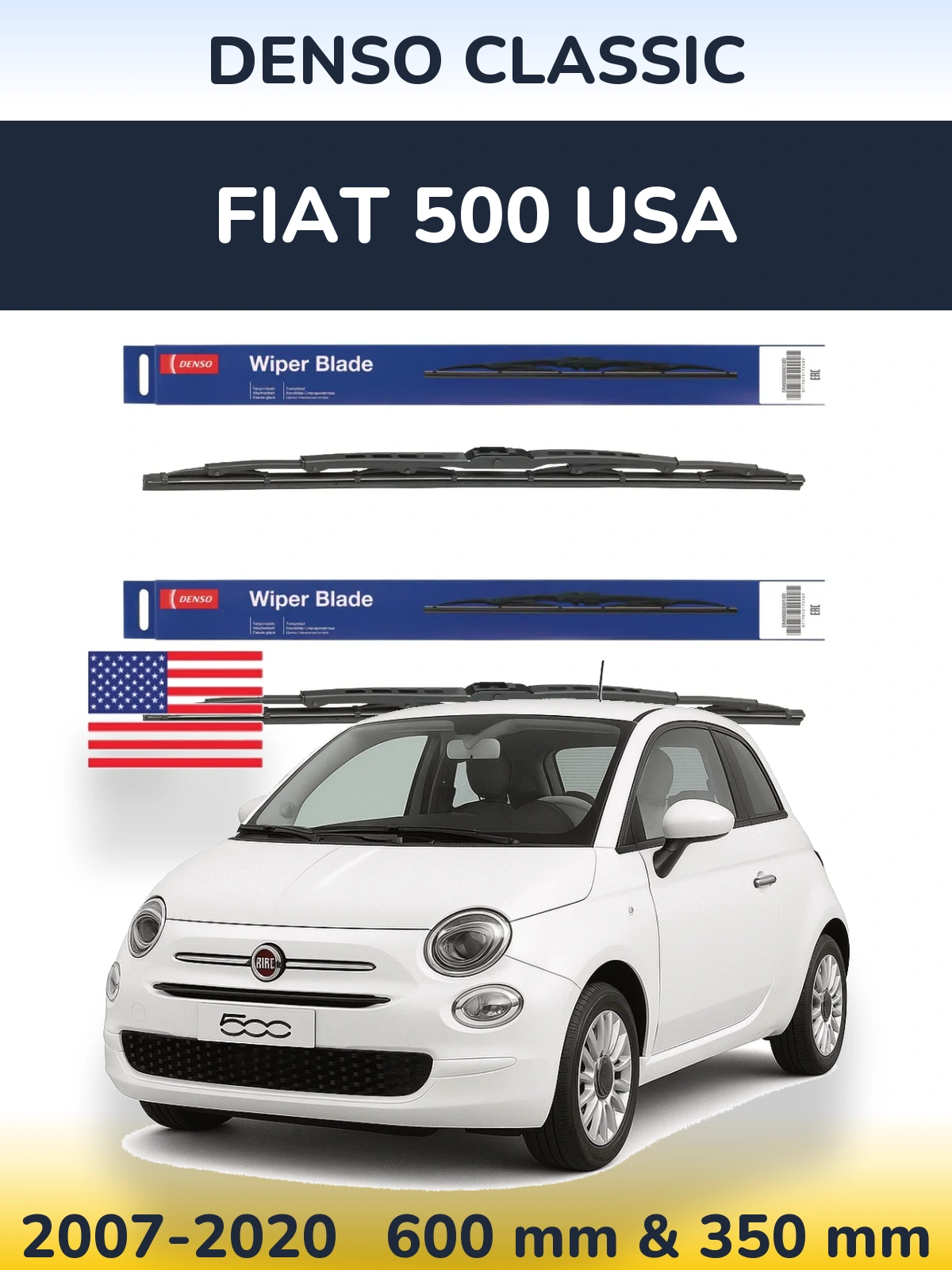 Front wiper blade set Denso Classic 600 & 350 mm for Fiat 500 USA 2007-2020