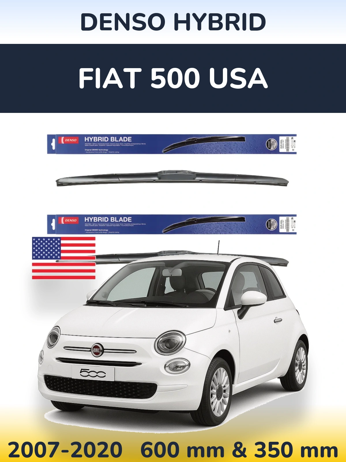 Front wiper blade set Denso Hybrid 600 & 350 mm for Fiat 500 USA 2007-2020