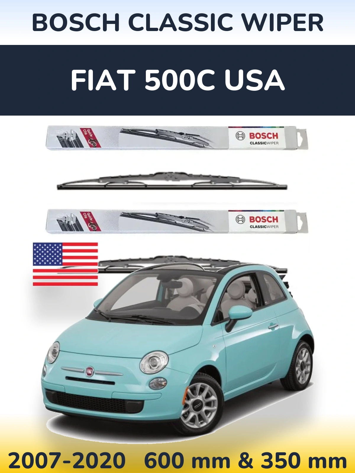 Комплект передніх щіток BOSCH Classic Wiper 600 & 340 мм для Fiat 500C USA 2007-2020
