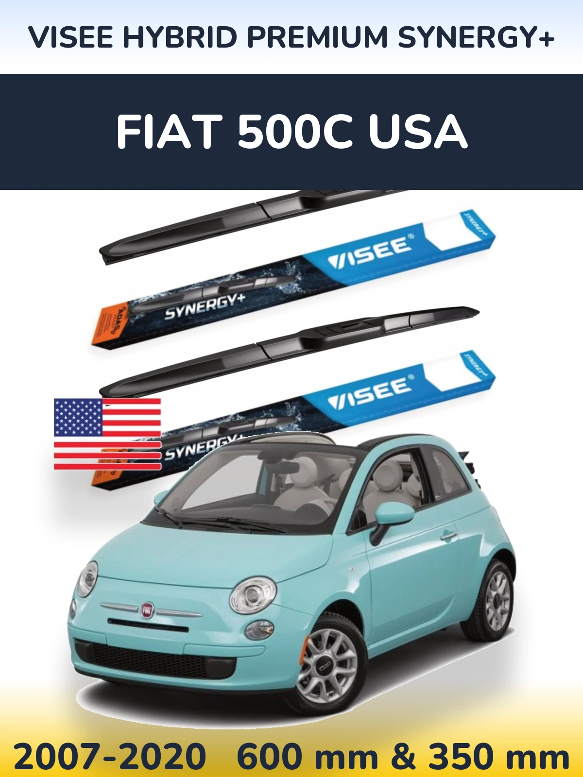 Комплект передніх щіток VISEE HYBRID PREMIUM SYNERGY+ 600 & 350 мм для Fiat 500C USA 2007-2020