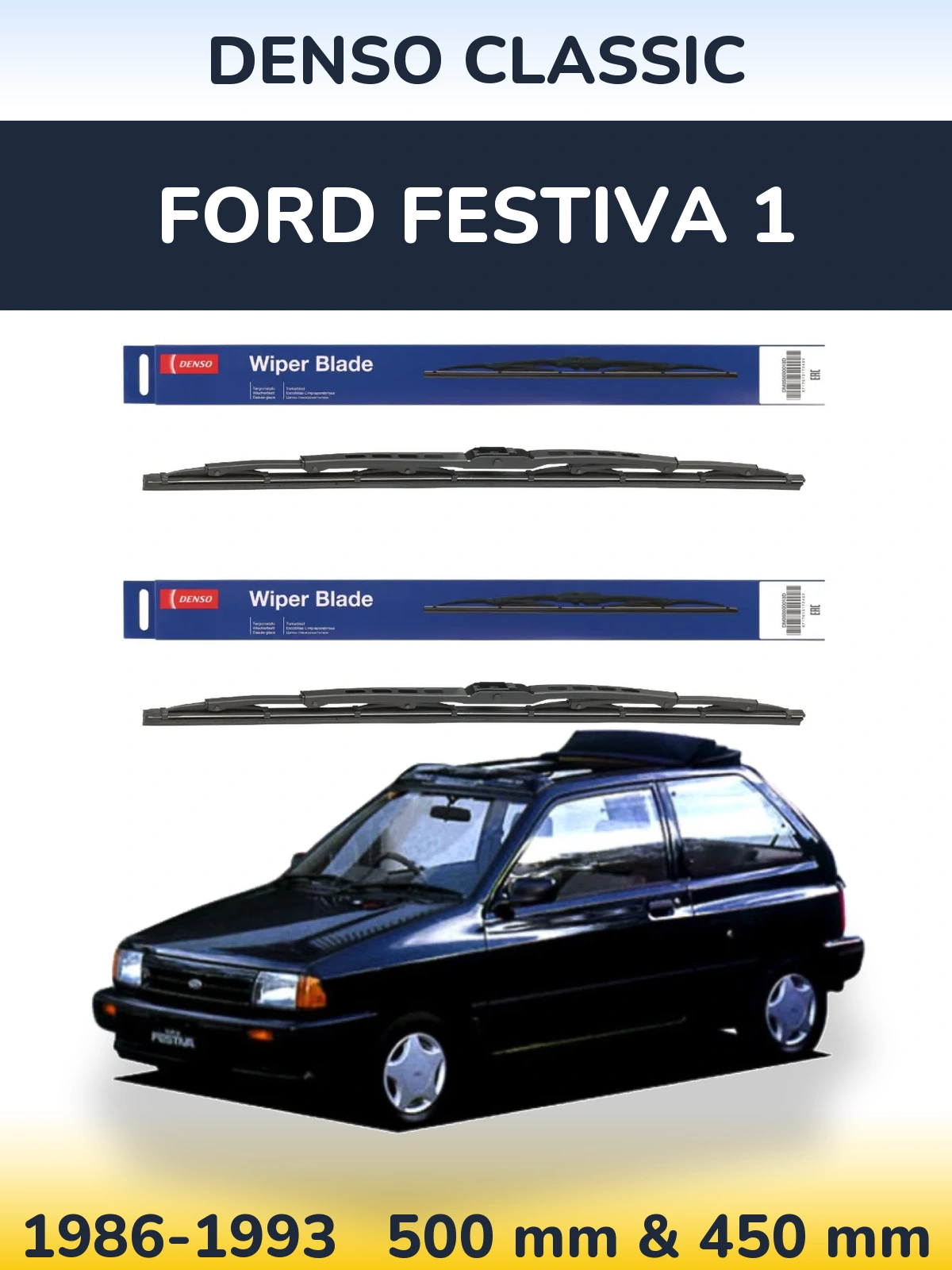 Front wiper blade set Denso Classic 500 & 450 mm for Ford Festiva 1 1986-1993