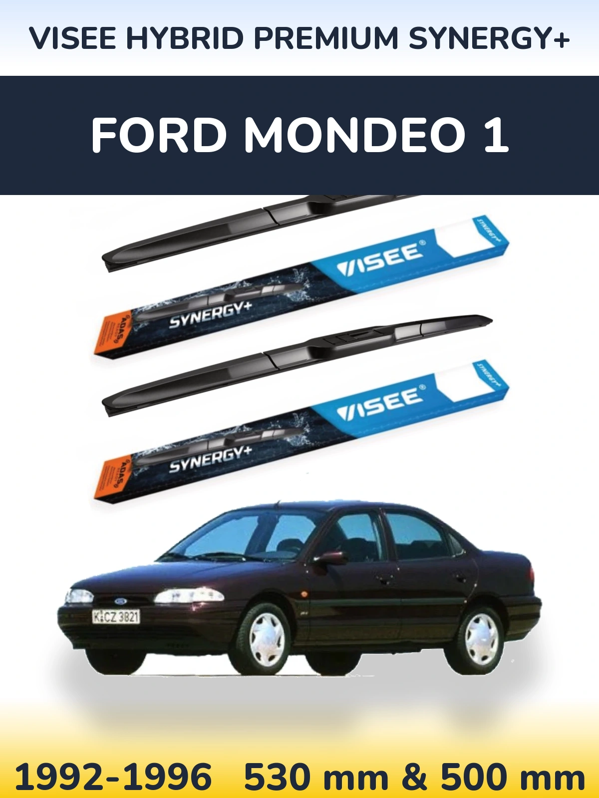 Front wiper blade set VISEE HYBRID PREMIUM SYNERGY+ 530 & 500 mm for Ford Mondeo 1 1992-1996