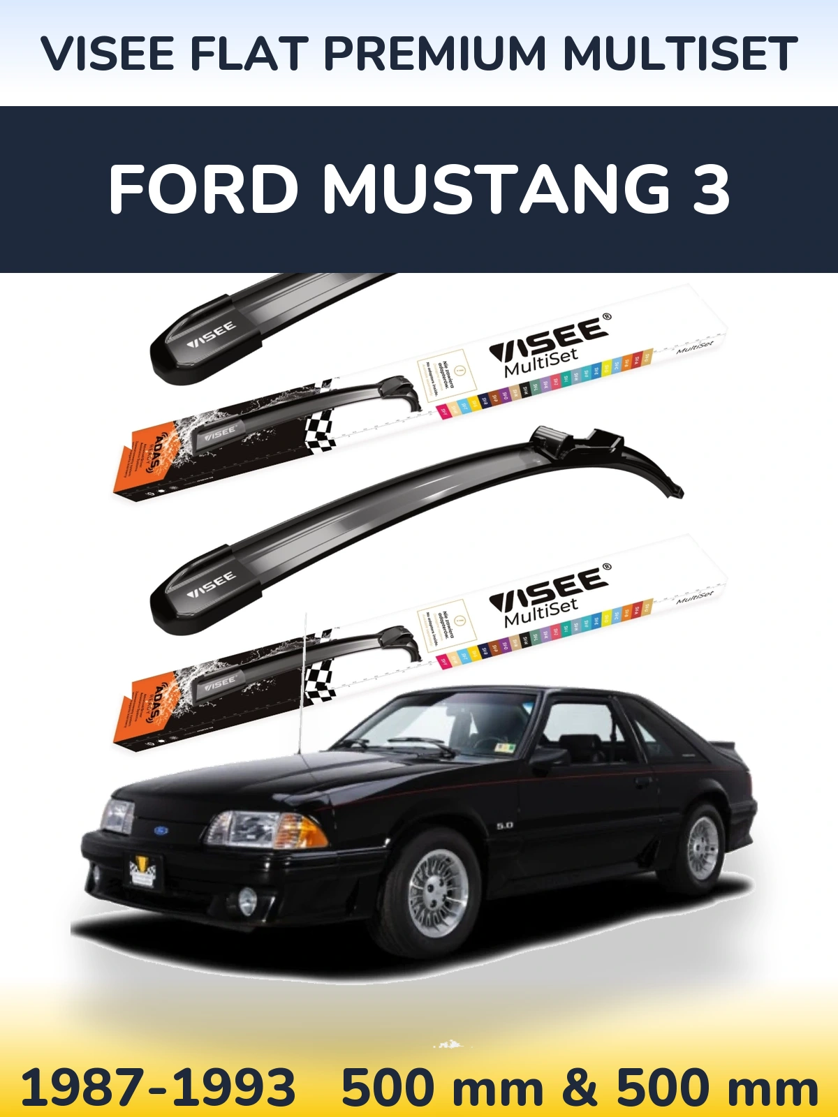Комплект передніх щіток VISEE FLAT PREMIUM MultiSet 500 & 500 мм для Ford Mustang 3 1987-1993