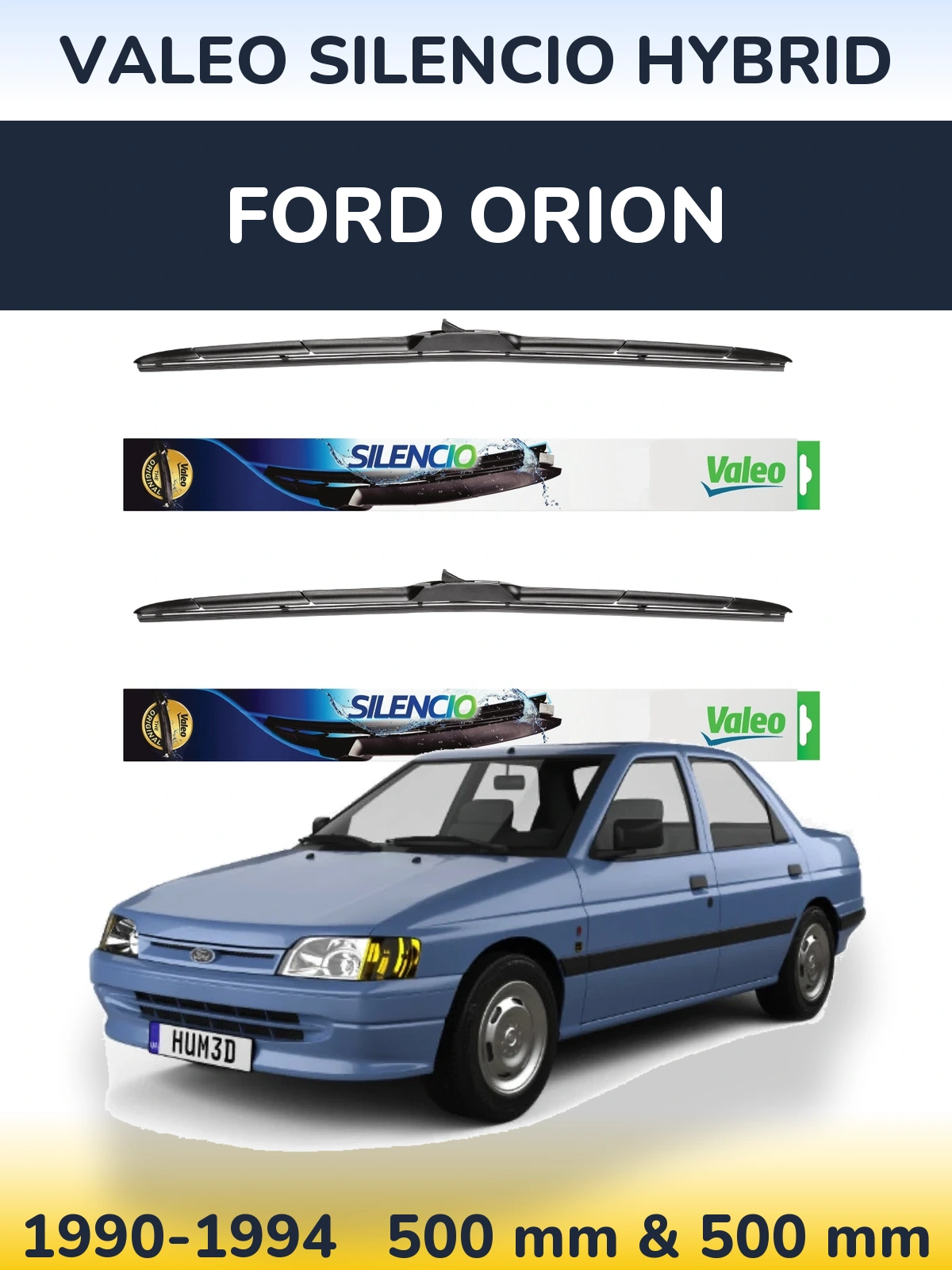 Front wiper blade set Valeo Silencio Hybrid 500 & 500 mm for Ford Orion 1990-1994