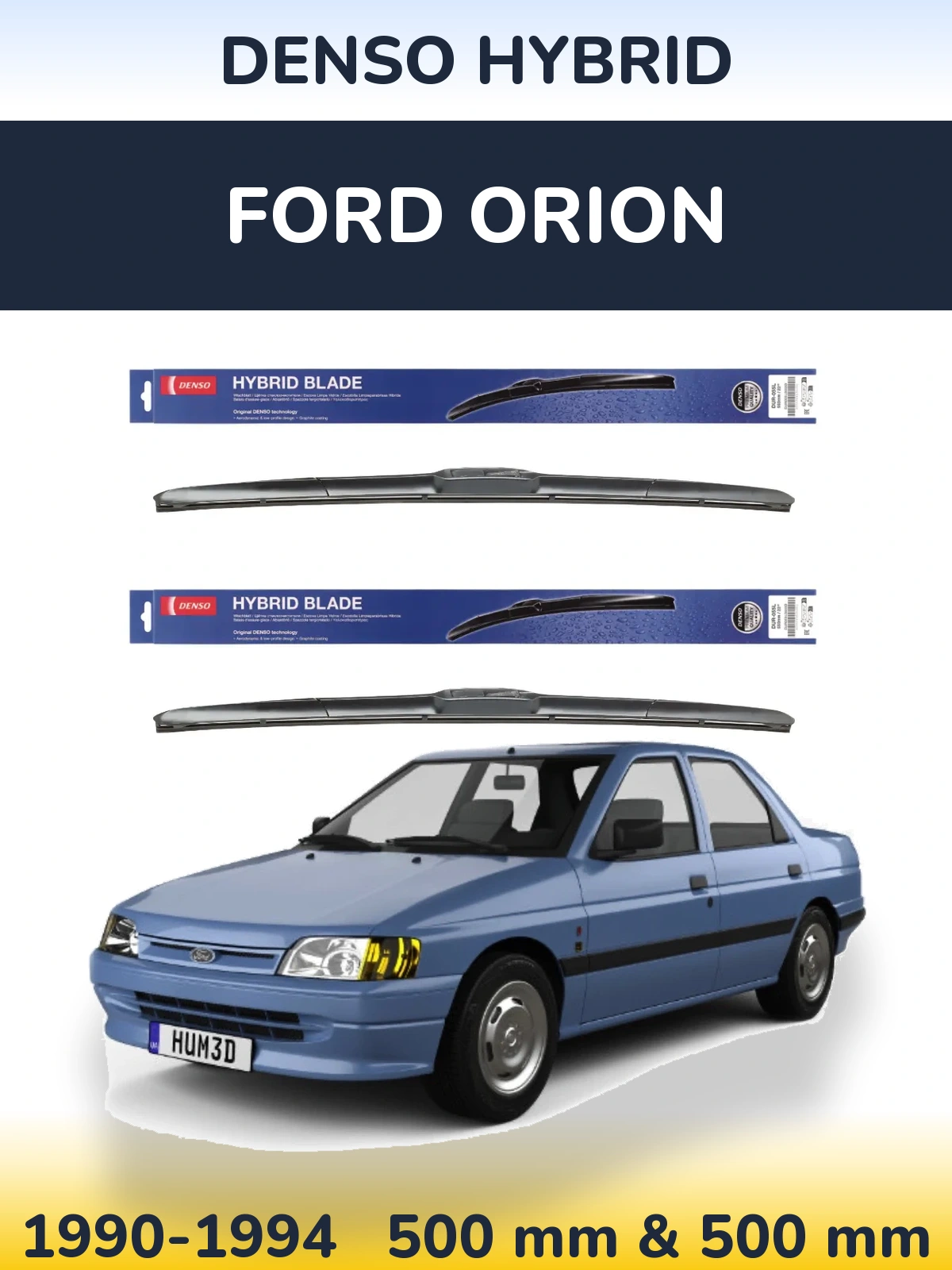 Front wiper blade set Denso Hybrid 500 & 500 mm for Ford Orion 1990-1994