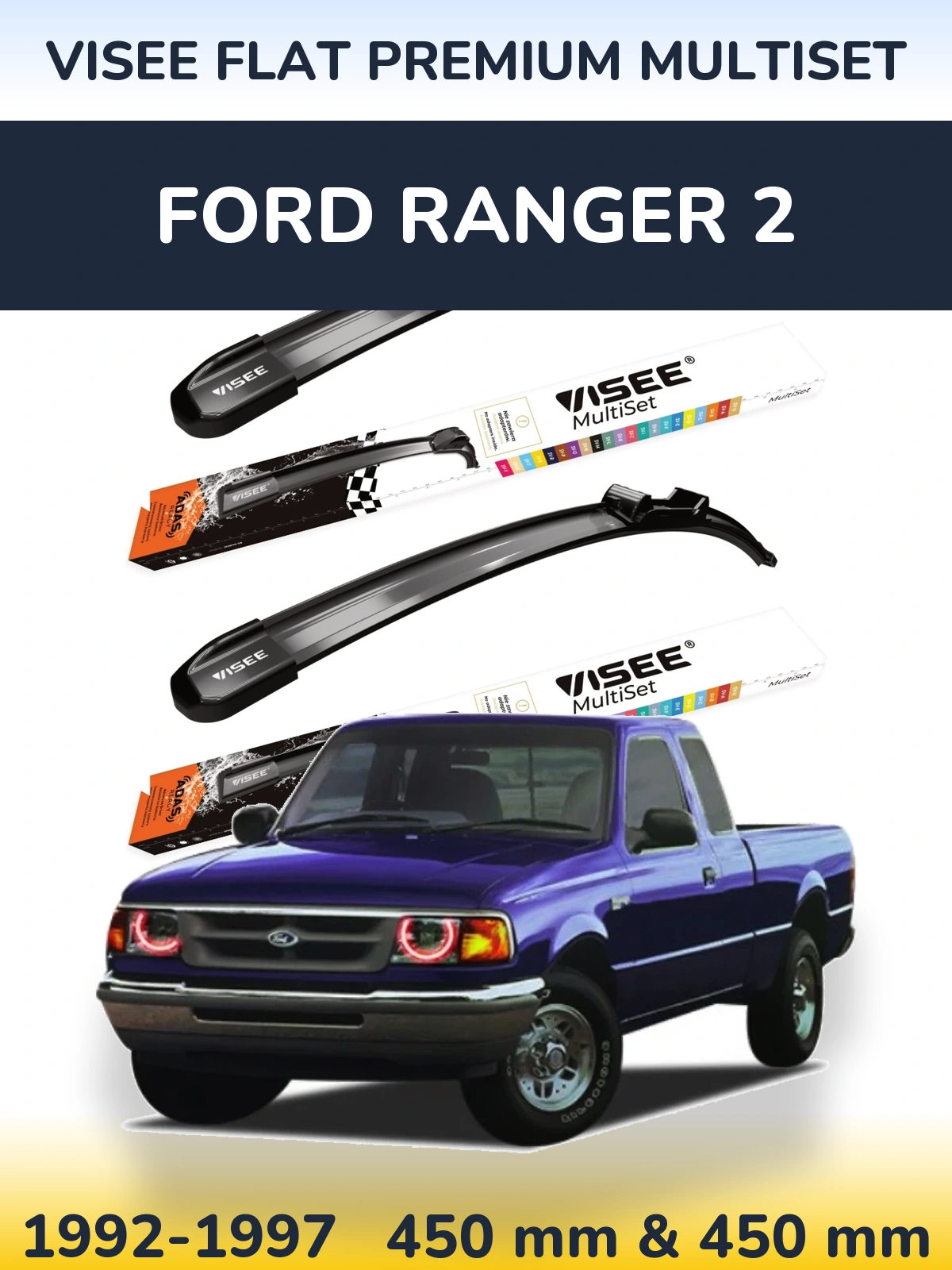 Front wiper blade set VISEE FLAT PREMIUM MultiSet 450 & 450 mm for Ford Ranger 2 1992-1997