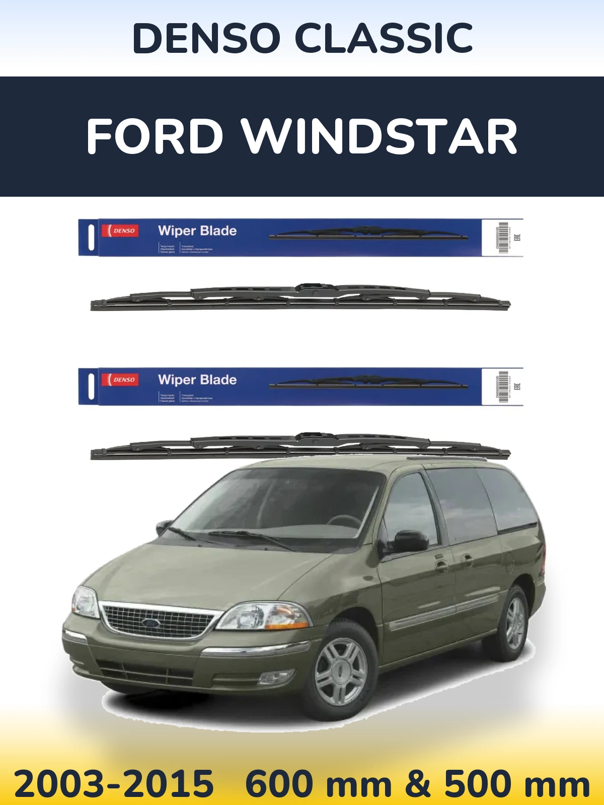 Front wiper blade set Denso Classic 600 & 500 mm for Ford Windstar 2003-2015